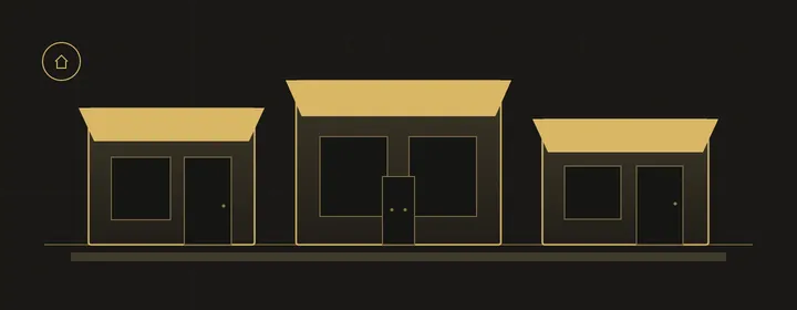 Original abstract illustration of three storefronts on a grid; not a Build and Conquer building screenshot.